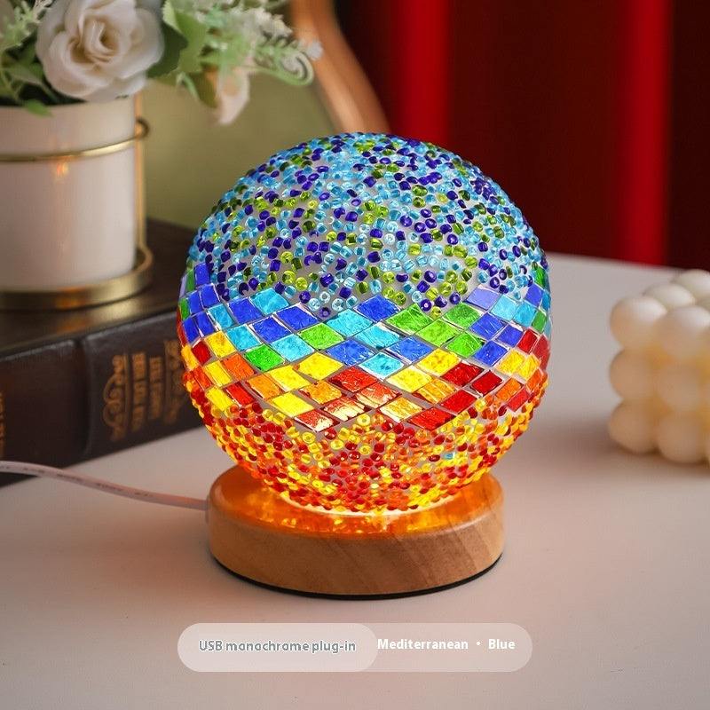 Mediterranean Small Night Lamp Creative Mosaic Glass Decorative Lamp Home Decor Gym From House Gift Box Monochrome Blue