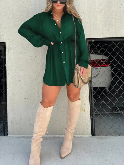 Women's Long Sleeve Jumpsuit With Button Fashion Shirt Dress Women dealsniper-net Green 4XL