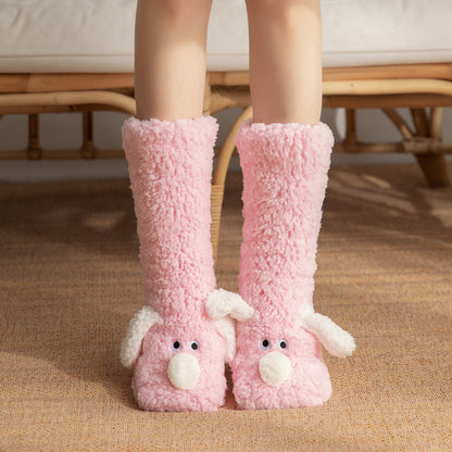 Cute Cartoon Dog Floor Socks Winter Warm Non-slip Women BeardAir.com Pink Dog One size