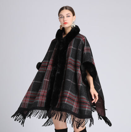 Loose Plaid Plus Cashmere Fur Collar Knitted Inverness Women Gym From House Black plaid Average Size