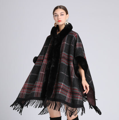 Loose Plaid Plus Cashmere Fur Collar Knitted Inverness Women Gym From House Black plaid Average Size