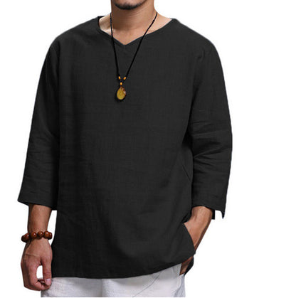 Loose Casual V-neck Top Cotton And Linen Long Sleeve Men DealSniper.net Black 2XL