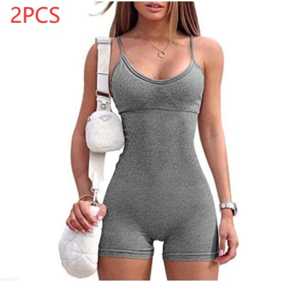 Spaghetti Strap Shorts Jumpsuit Sports Yoga Workout Tight Women dealsniper-net Grey L 2PCS