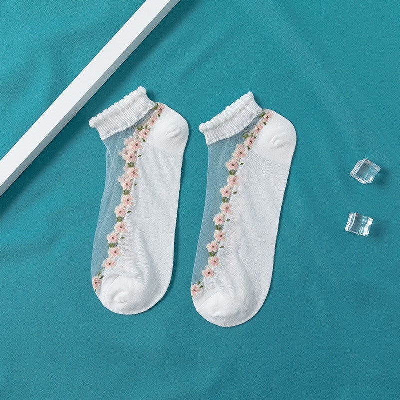 Women's Thin Spun Glass Lace Crystal Boat Socks Women DealSniper.net White Free Size
