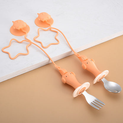 Infant Stainless Steel Training Spoon Fork Silicone Anti-drop Kids dealsniper-net Orange