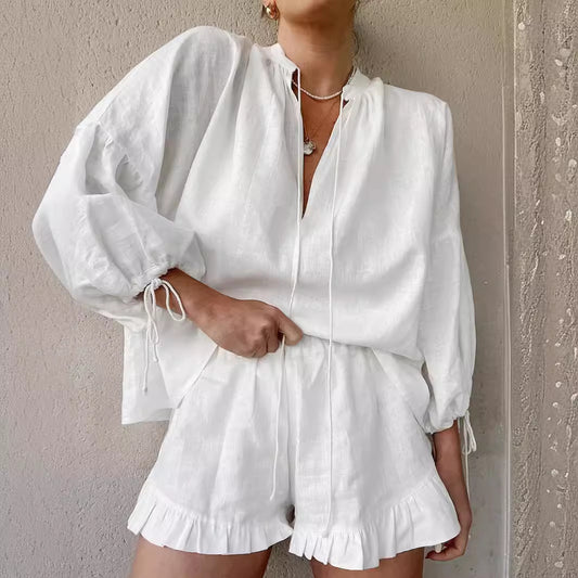 Lace-up Suits Loose V-neck Lantern Sleeve Top And Ruffles Shorts