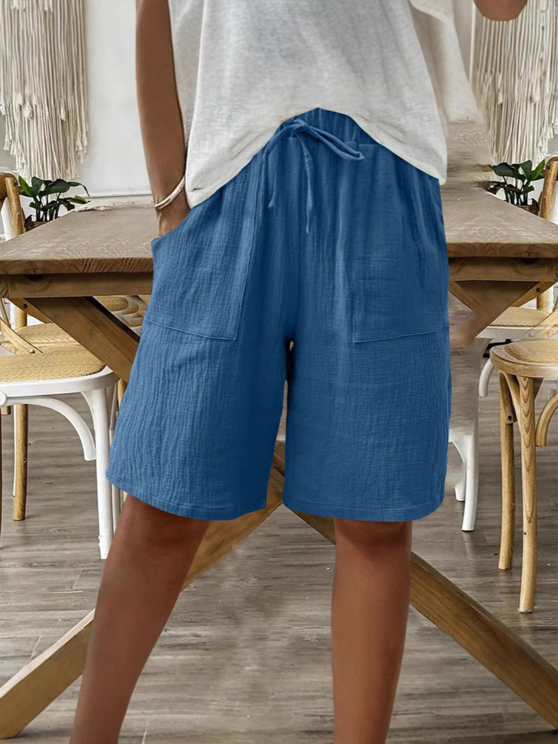 Linen Cotton Shorts, Solid Color Casual Shorts Tie Detail Shorts Women DealSniper.net