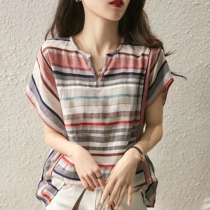 New Striped Shirt Women's Short Sleeve Loose Women dealsniper-net