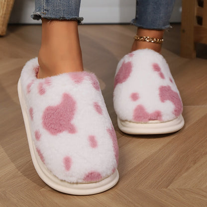 Cute Cow Spotted Plush Slippers Winter Warm Non-slip Women dealsniper-net