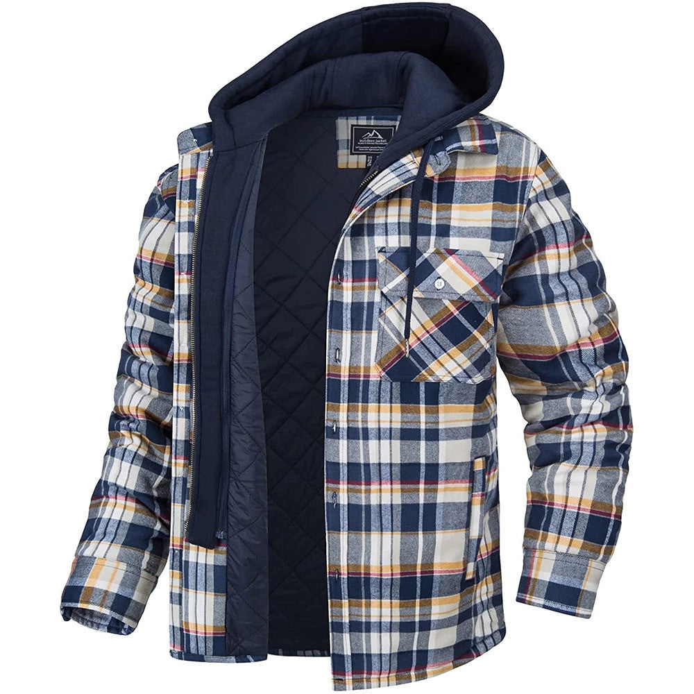 Men's Plaid Hooded Coat Winter Warm Button Zip-up Jacket Women null