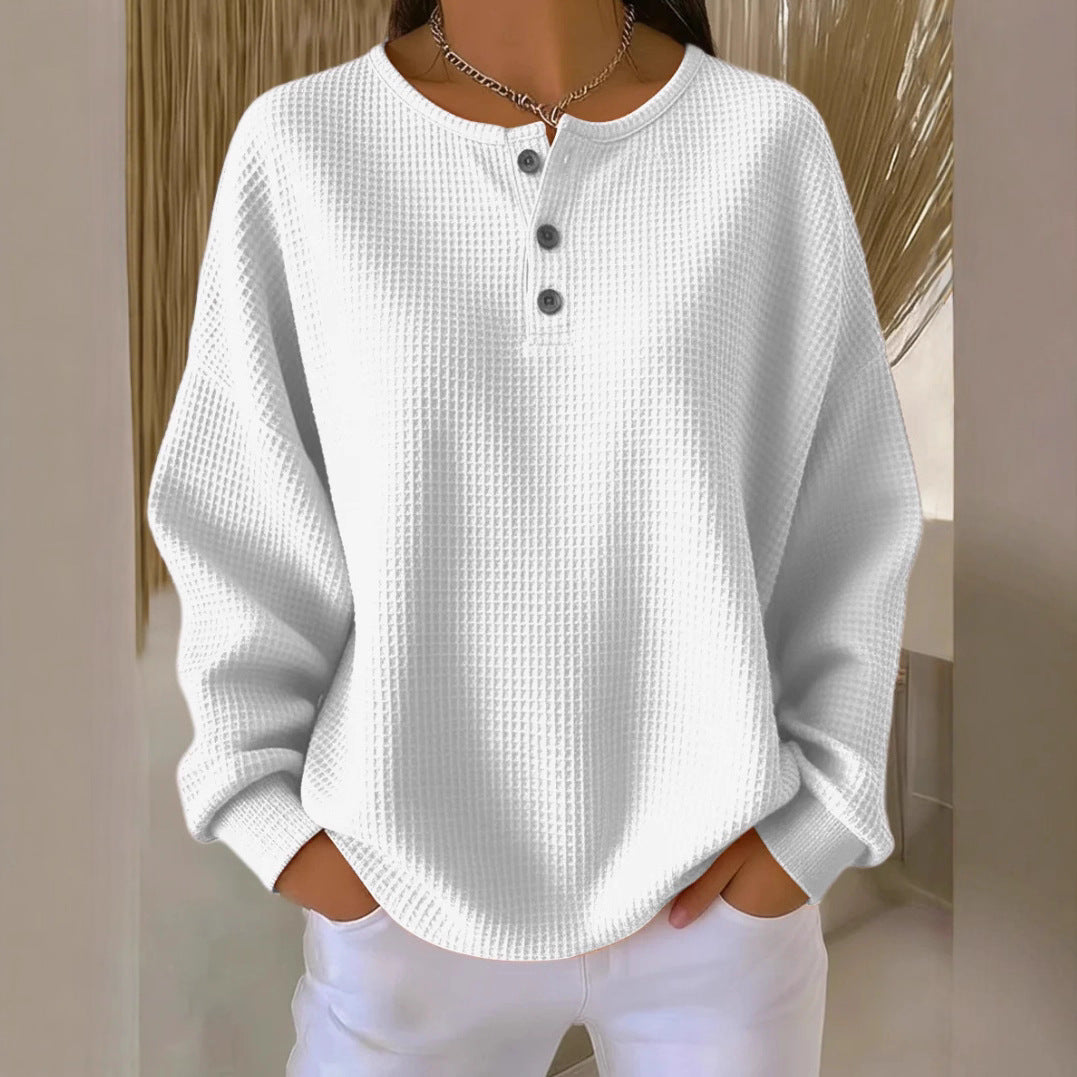 Ins Waffle Long-sleeved T-shirt Fashion Solid Color Buttons Women Gym From House