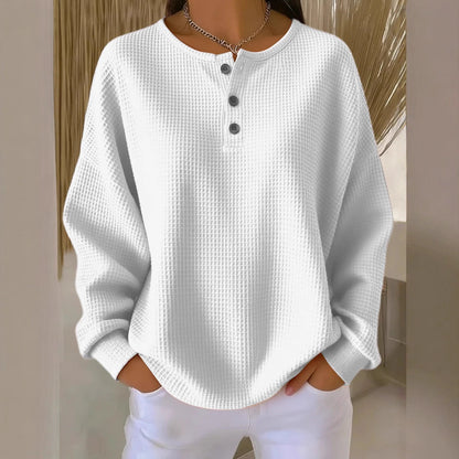 Ins Waffle Long-sleeved T-shirt Fashion Solid Color Buttons Women Gym From House
